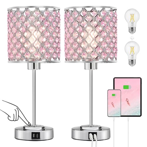 GyroVu Pink Crystal Table Lamp Set of 2, Bedside Table Lamps 3-Way Dimmable Touch Nightstand Lamp with USB-C+A Charging Ports Night Lights Decorative Accent Lamp for Bedroom, Living Room, Office, Girls Room - Image 1