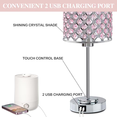 GyroVu Pink Crystal Table Lamp Set of 2, Bedside Table Lamps 3-Way Dimmable Touch Nightstand Lamp with USB-C+A Charging Ports Night Lights Decorative Accent Lamp for Bedroom, Living Room, Office, Girls Room - Image 2