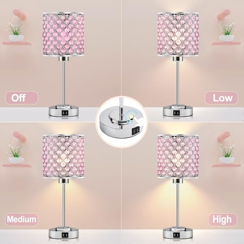 GyroVu Pink Crystal Table Lamp Set of 2, Bedside Table Lamps 3-Way Dimmable Touch Nightstand Lamp with USB-C+A Charging Ports Night Lights Decorative Accent Lamp for Bedroom, Living Room, Office, Girls Room - Image 4