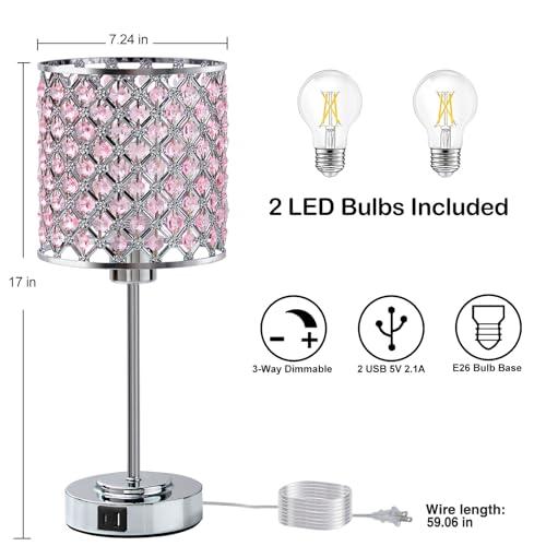 GyroVu Pink Crystal Table Lamp Set of 2, Bedside Table Lamps 3-Way Dimmable Touch Nightstand Lamp with USB-C+A Charging Ports Night Lights Decorative Accent Lamp for Bedroom, Living Room, Office, Girls Room - Image 3