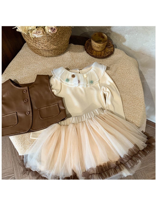 Autumn Children Girl 2pcs Sets Junior Girl Lace One-piece Long Sleeves Dress+Single-breasted Leather Vest  Girls - Image 2