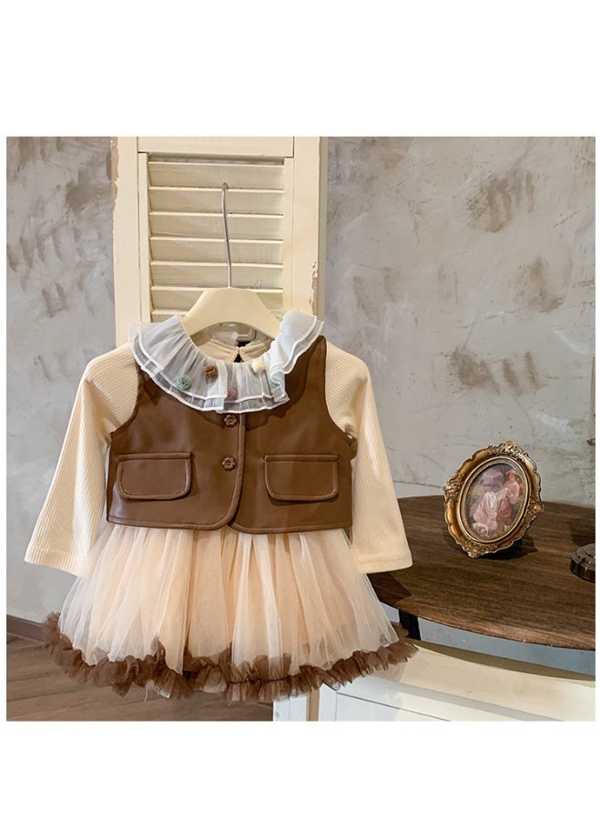 Autumn Children Girl 2pcs Sets Junior Girl Lace One-piece Long Sleeves Dress+Single-breasted Leather Vest  Girls - Image 5