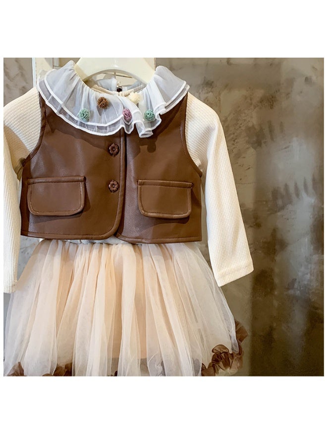 Autumn Children Girl 2pcs Sets Junior Girl Lace One-piece Long Sleeves Dress+Single-breasted Leather Vest  Girls - Image 3