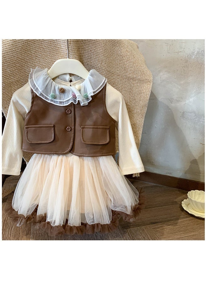 Autumn Children Girl 2pcs Sets Junior Girl Lace One-piece Long Sleeves Dress+Single-breasted Leather Vest  Girls - Image 1