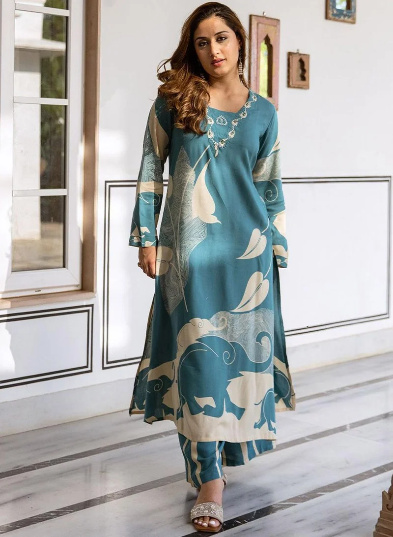 آي شين Women's Sky Blue Rayon Printed Tunic Full Length Palazzo Straight Fit Kurta Set