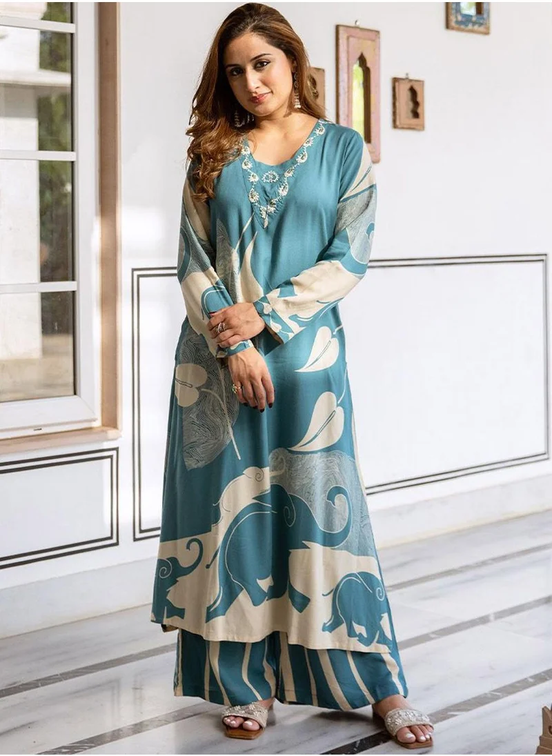 آي شين Women's Sky Blue Rayon Printed Tunic Full Length Palazzo Straight Fit Kurta Set