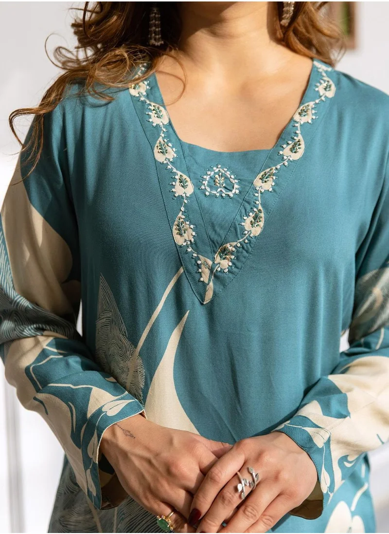 آي شين Women's Sky Blue Rayon Printed Tunic Full Length Palazzo Straight Fit Kurta Set