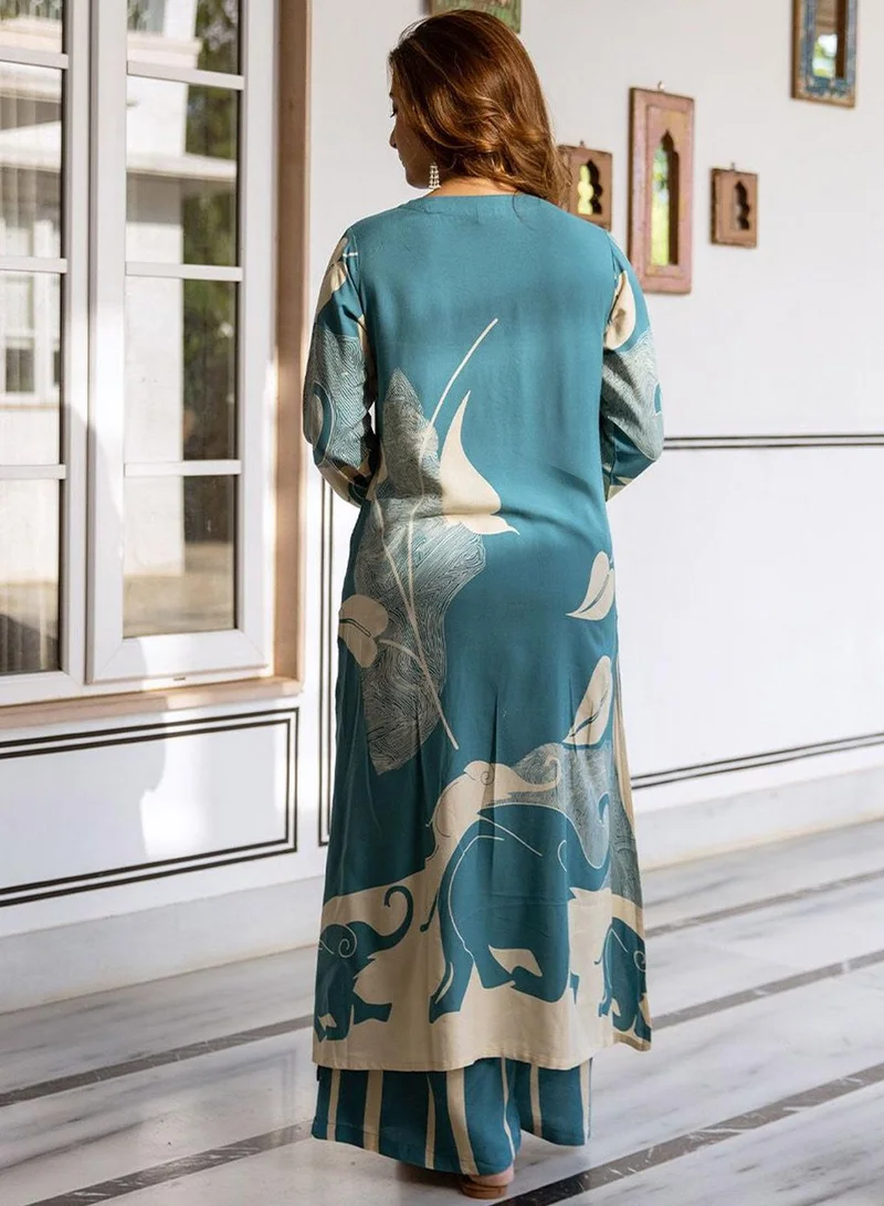 آي شين Women's Sky Blue Rayon Printed Tunic Full Length Palazzo Straight Fit Kurta Set