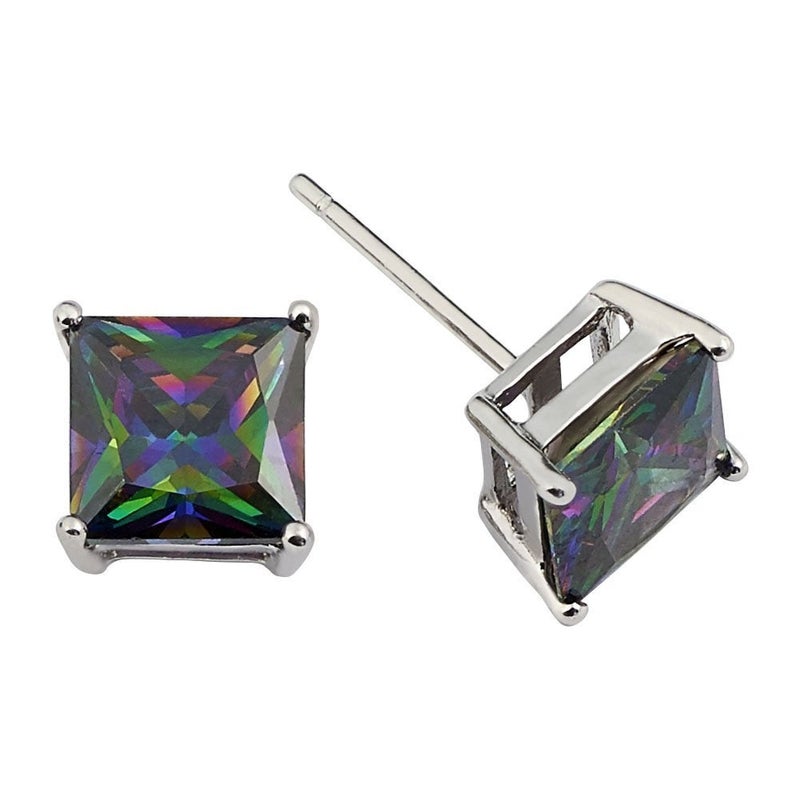 D Jewelry2 Princess Cut Rainbow Mystic Cz Stud Earrings on 925 Sterling Silver rhodium Plated (4x4mm) - Image 1