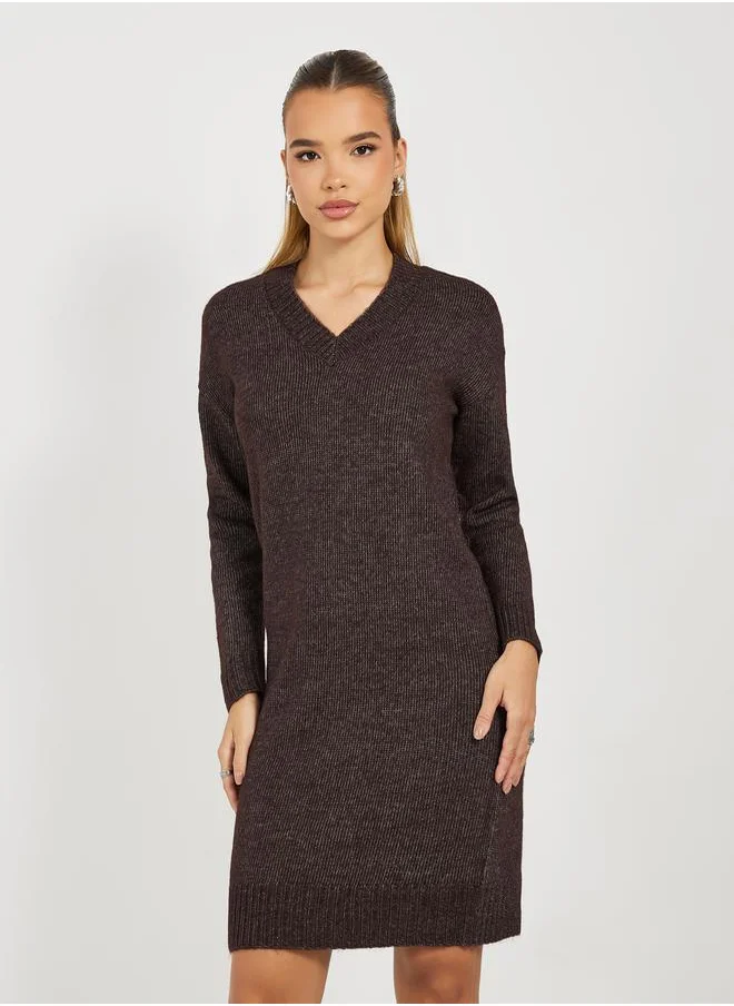 Styli Flat Knit V Neck Sweater Mini Dress