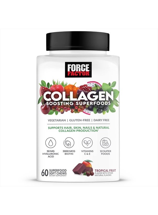 Force Factor Collagen Boosting Superfoods with Biotin, Hyaluronic Acid, Bamboo, and Hair, Skin, and Nails Vitamins, Nail Strengthener and Skin Supplement, Tropical Fruit Flavor, 60 Soft Chews - Image 1