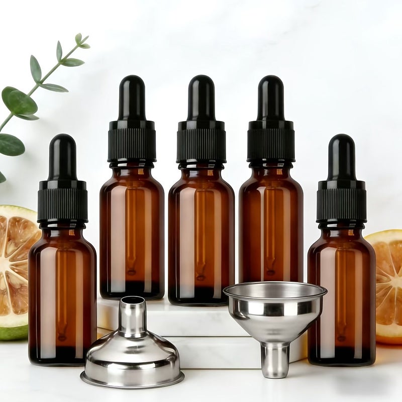 مجموعة من 7 زجاجات زجاجية عنبرية مع قمع، سعة 10 مل / 0.34 أونصة، قطارات ماصة، أغطية سوداء، وقمع من الفولاذ المقاوم للصدأ، مناسبة لمستحضرات التجميل والعطور والزيوت العطرية وتوزيع المواد الكيميائية في المختبرات. - Image 4