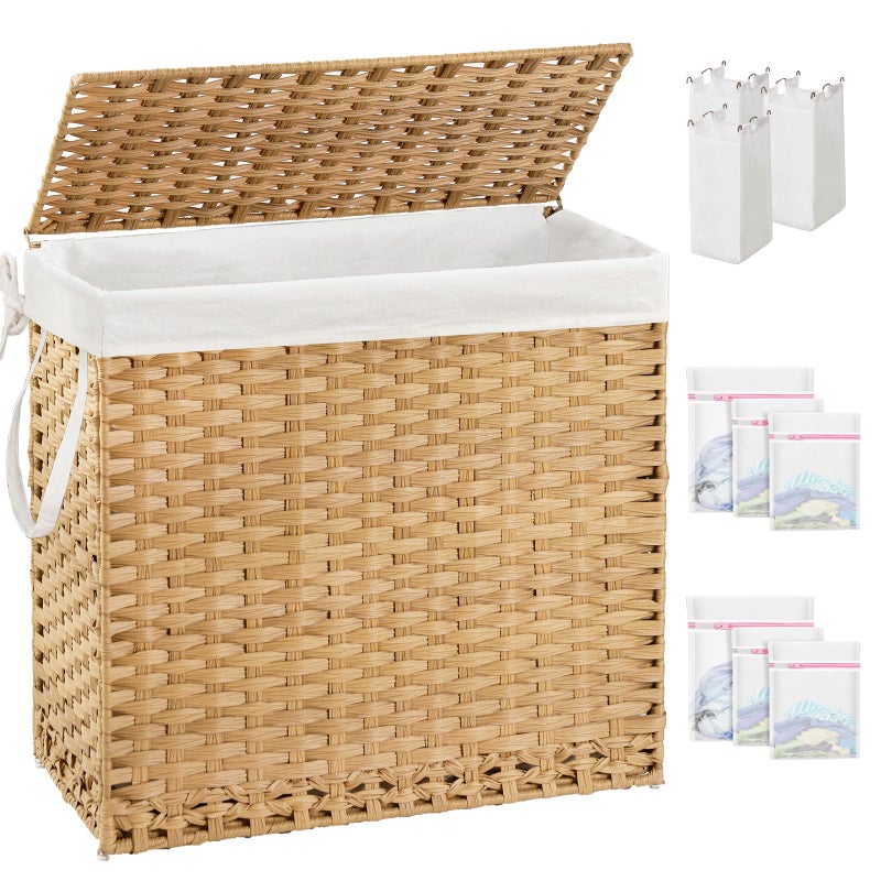 SETVSON Laundry Hamper with Lid Laundry Basket 132 L (35 Gal) Wicker Clothes Hamper, Handwoven Rattan Hamper with Handles and 4 Removable Liner Bags, 6 Mesh Bags for Laundry Bedroom Natural - Image 1