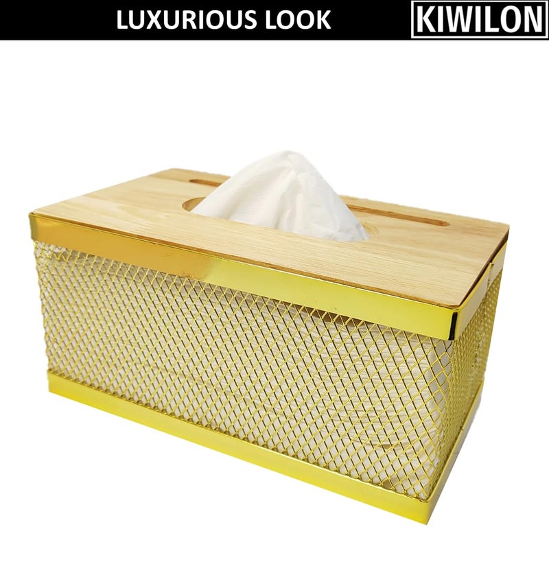 Kiwilon Metallic Golden Tissue Paper Holder for Dining Table, Kitchen, Bathroom Mesh Design with Bamboo Lid and Mobile Holder Slot - Image 2