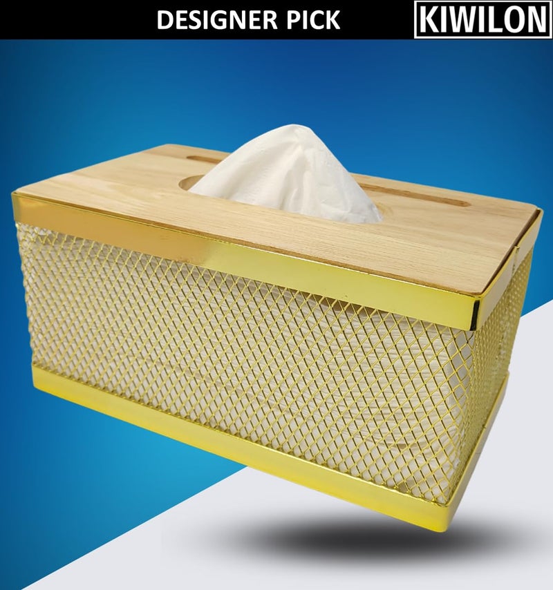 Kiwilon Metallic Golden Tissue Paper Holder for Dining Table, Kitchen, Bathroom Mesh Design with Bamboo Lid and Mobile Holder Slot - Image 4