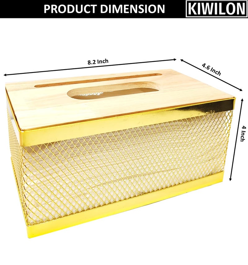 Kiwilon Metallic Golden Tissue Paper Holder for Dining Table, Kitchen, Bathroom Mesh Design with Bamboo Lid and Mobile Holder Slot - Image 3