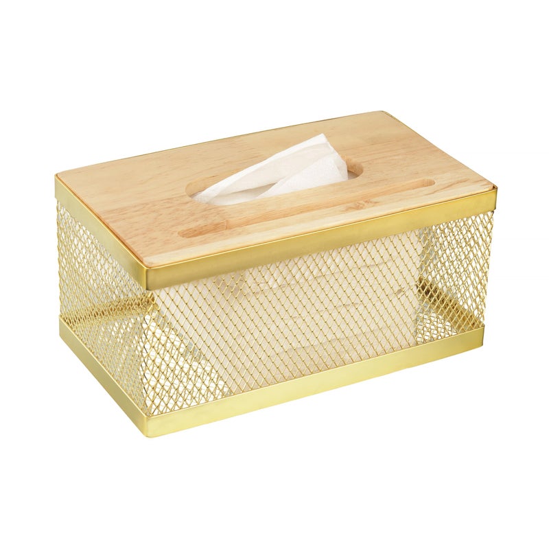 Kiwilon Metallic Golden Tissue Paper Holder for Dining Table, Kitchen, Bathroom Mesh Design with Bamboo Lid and Mobile Holder Slot - Image 1