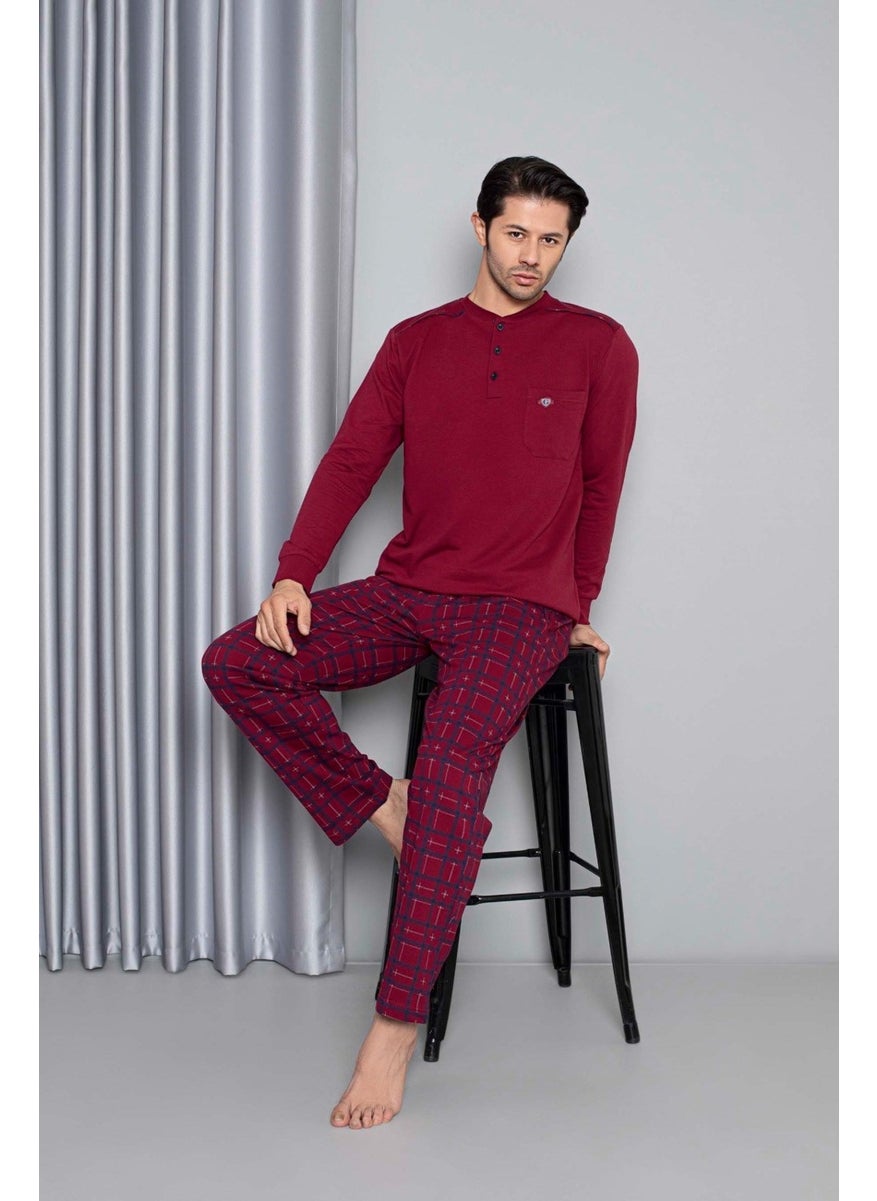 Bie's Men's 3 Button Chest Pocket Cotton 2 Yarn Winter Pocket Long Sleeve Pajama Set  - Image 2