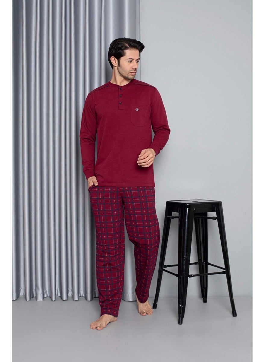 Bie's Men's 3 Button Chest Pocket Cotton 2 Yarn Winter Pocket Long Sleeve Pajama Set  - Image 1