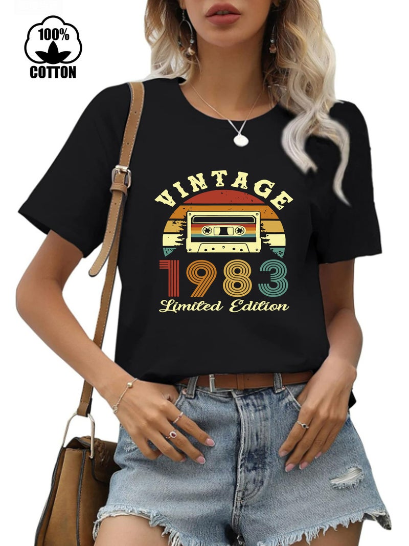 220g pure cotton short sleeved T-shirt collar dopamine tshirt female 1983 printed t-shirt - Image 3