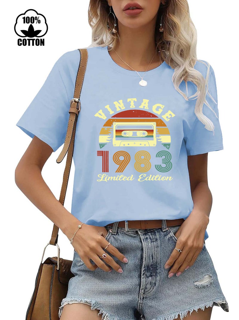 220g pure cotton short sleeved T-shirt collar dopamine tshirt female 1983 printed t-shirt - Image 5