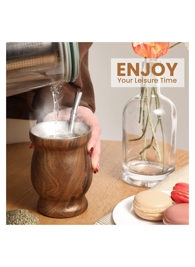 Excefore Yerba Mate Tea Cup 230ml Wood Grain Color Stainless Steel Double Walled Easy Wash Household Insulation Cup, Mate Gourds for Yerba Mate Loose Leaf Drinking with Bombilla Straw  - Image 5