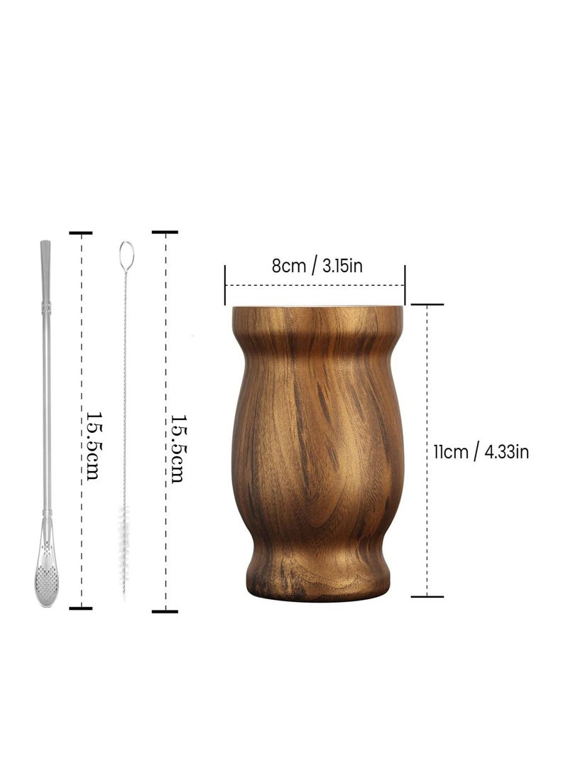 Excefore Yerba Mate Tea Cup 230ml Wood Grain Color Stainless Steel Double Walled Easy Wash Household Insulation Cup, Mate Gourds for Yerba Mate Loose Leaf Drinking with Bombilla Straw  - Image 4