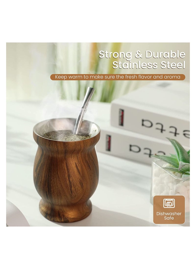 Excefore Yerba Mate Tea Cup 230ml Wood Grain Color Stainless Steel Double Walled Easy Wash Household Insulation Cup, Mate Gourds for Yerba Mate Loose Leaf Drinking with Bombilla Straw  - Image 2