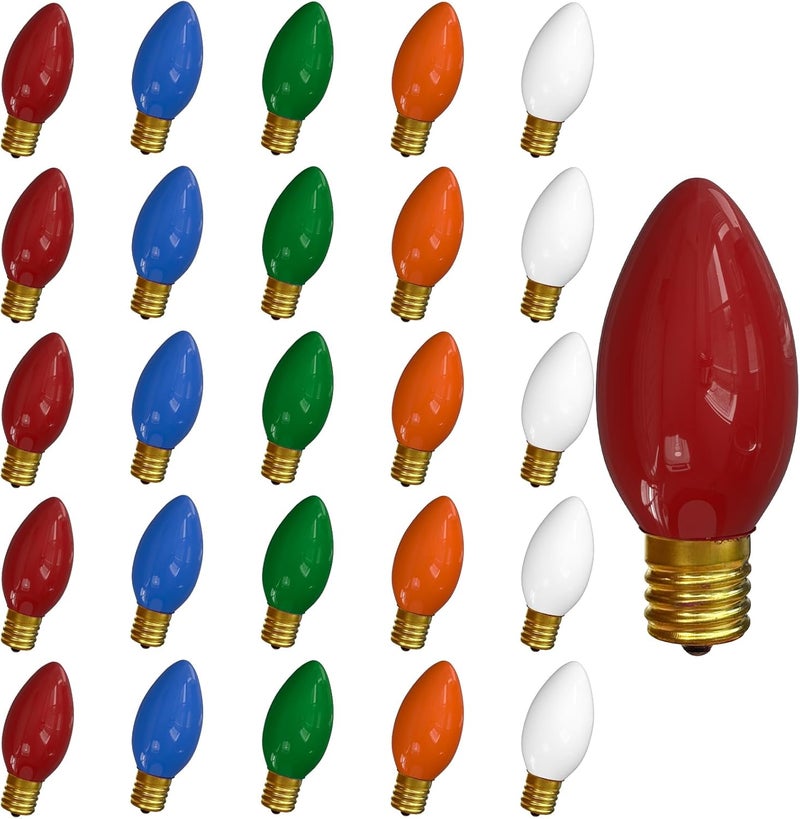 Romasaty 25 Pack C9 Replacement Bulbs C9 Ceramic Multi-Color String Lights Replacement Bulbs, C9/E17 Candelabra Base, 7 Watt - Image 1