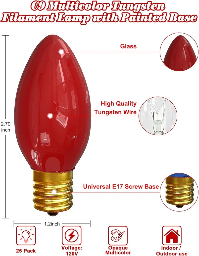 Romasaty 25 Pack C9 Replacement Bulbs C9 Ceramic Multi-Color String Lights Replacement Bulbs, C9/E17 Candelabra Base, 7 Watt - Image 2