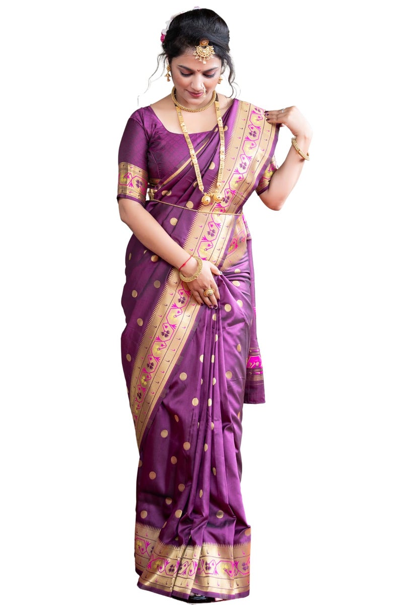 SGF11 Women's Kanjivaram Paithani Silk Sarees With Unstitched Blouse Piece (Wine) - Image 1