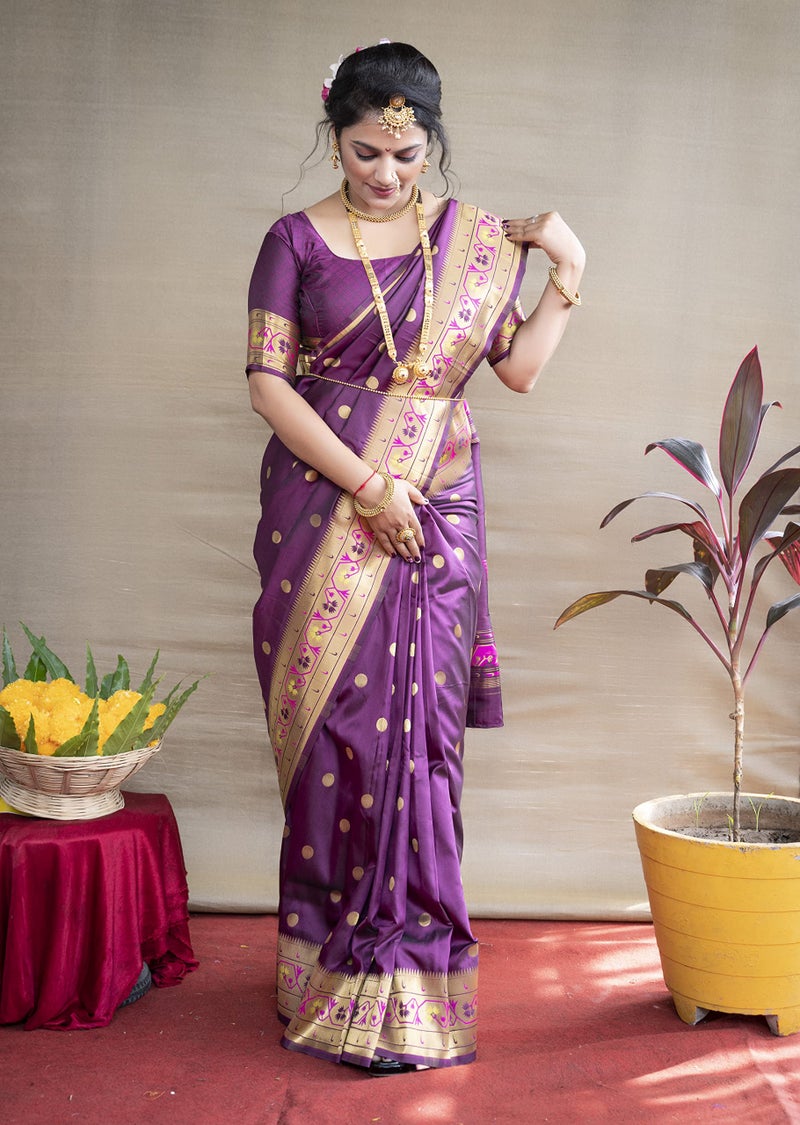 SGF11 Women's Kanjivaram Paithani Silk Sarees With Unstitched Blouse Piece (Wine) - Image 2