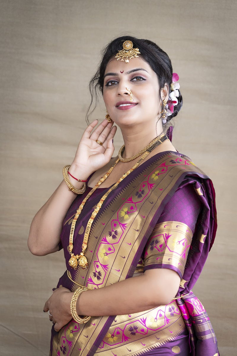 SGF11 Women's Kanjivaram Paithani Silk Sarees With Unstitched Blouse Piece (Wine) - Image 3