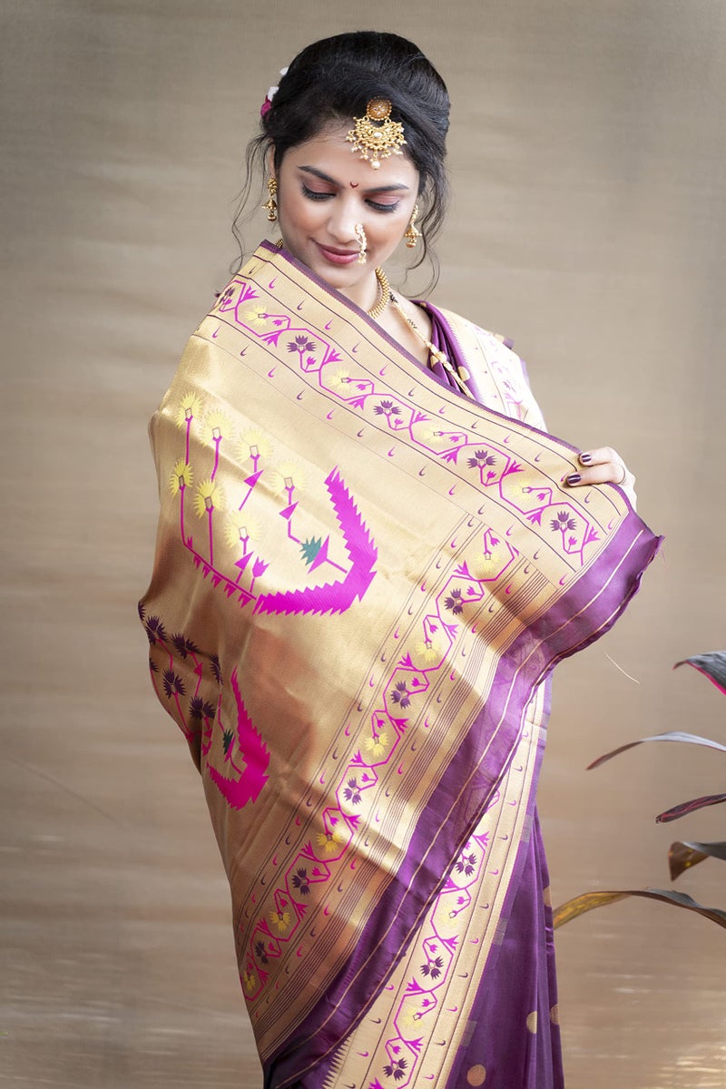 SGF11 Women's Kanjivaram Paithani Silk Sarees With Unstitched Blouse Piece (Wine) - Image 5