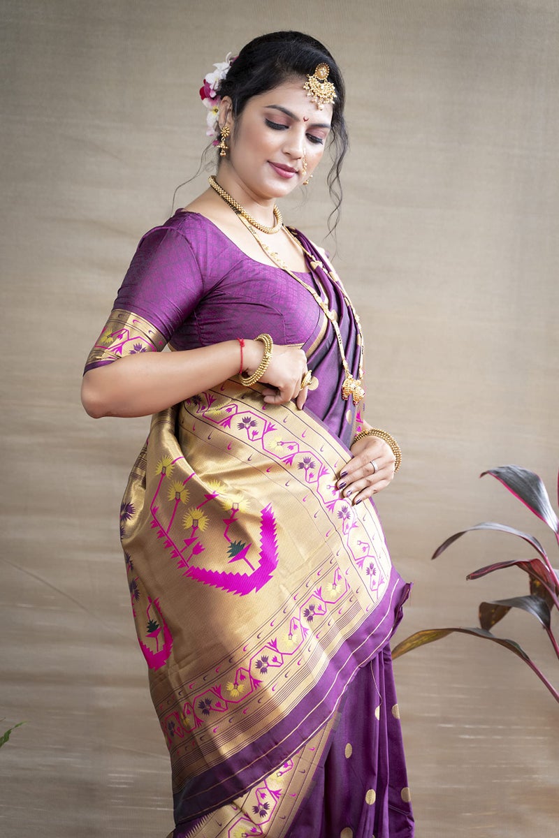 SGF11 Women's Kanjivaram Paithani Silk Sarees With Unstitched Blouse Piece (Wine) - Image 4