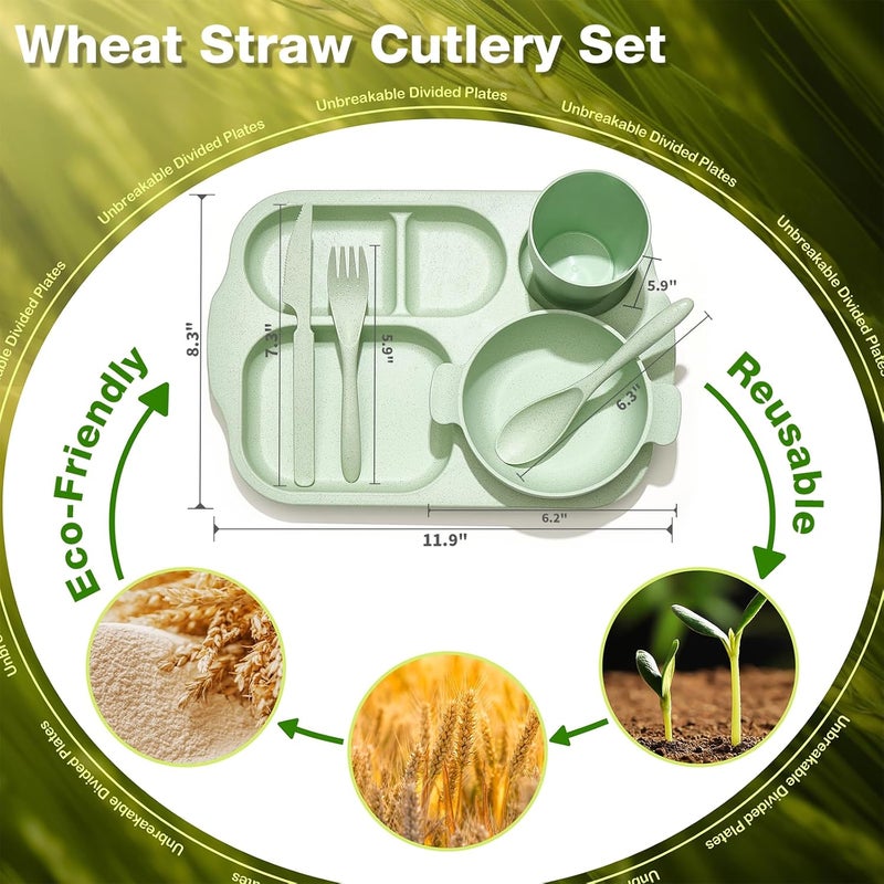 Hlukana 24 Pcs Wheat Straw Dinnerware Cutlery Set Unbreakable Tableware Set Including Kids Toddlers Divided Plates Bowls Cup Cutlery Spoons Knifes Forks BPA Free Microwave Dishwasher Safe - Image 3