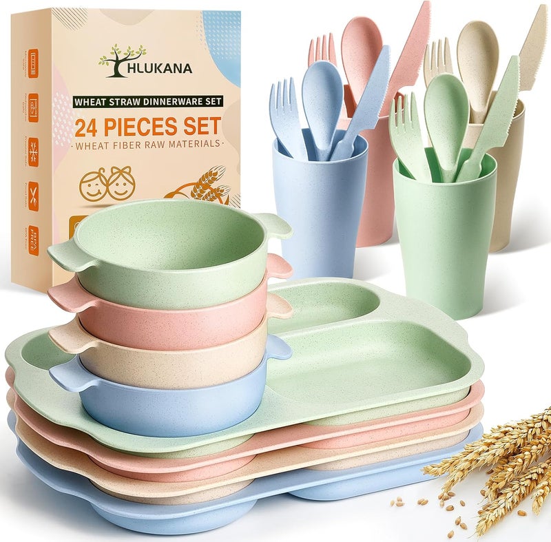 Hlukana 24 Pcs Wheat Straw Dinnerware Cutlery Set Unbreakable Tableware Set Including Kids Toddlers Divided Plates Bowls Cup Cutlery Spoons Knifes Forks BPA Free Microwave Dishwasher Safe - Image 1
