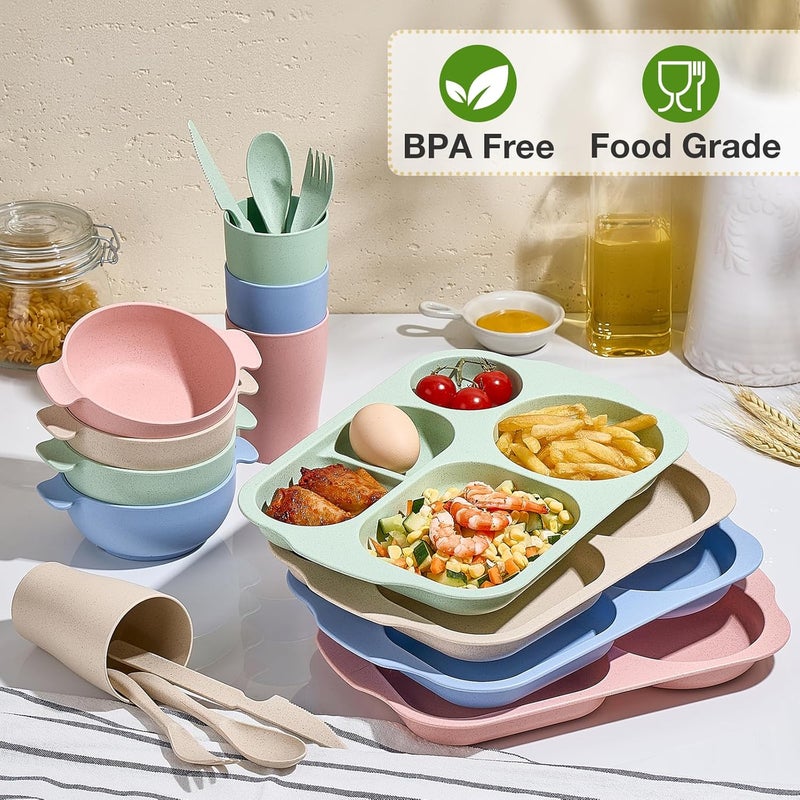 Hlukana 24 Pcs Wheat Straw Dinnerware Cutlery Set Unbreakable Tableware Set Including Kids Toddlers Divided Plates Bowls Cup Cutlery Spoons Knifes Forks BPA Free Microwave Dishwasher Safe - Image 4