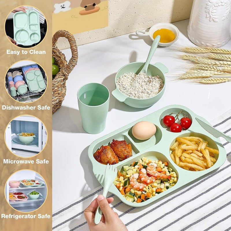 Hlukana 24 Pcs Wheat Straw Dinnerware Cutlery Set Unbreakable Tableware Set Including Kids Toddlers Divided Plates Bowls Cup Cutlery Spoons Knifes Forks BPA Free Microwave Dishwasher Safe - Image 5
