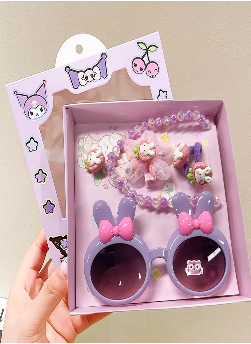 Bolivia's Hair Accessories Set for Girls Age 3-12 - Pink Gift Box with Cartoon Necklace, Purple Kids Sunglasses, Hair Clips Barrettes Bows Ties - Perfect Birthday/Party/Holiday Gift for Little Princesses  - Image 1