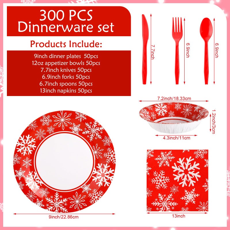 Boao 300 Pack Christmas Disposable Snowflake Dinnerware Set 50 Sets Christmas Snowflake Paper Bowls Plates Red Napkins Compostable Heavy Duty Party Plate Set for Winter Xmas Holiday Party Supplies - Image 2