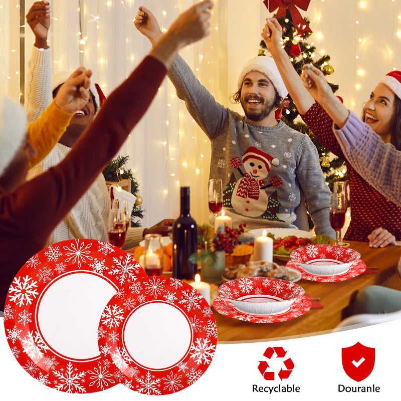 Boao 300 Pack Christmas Disposable Snowflake Dinnerware Set 50 Sets Christmas Snowflake Paper Bowls Plates Red Napkins Compostable Heavy Duty Party Plate Set for Winter Xmas Holiday Party Supplies - Image 3