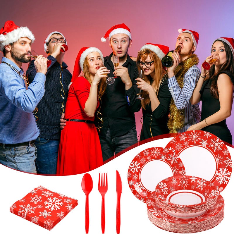Boao 300 Pack Christmas Disposable Snowflake Dinnerware Set 50 Sets Christmas Snowflake Paper Bowls Plates Red Napkins Compostable Heavy Duty Party Plate Set for Winter Xmas Holiday Party Supplies - Image 4