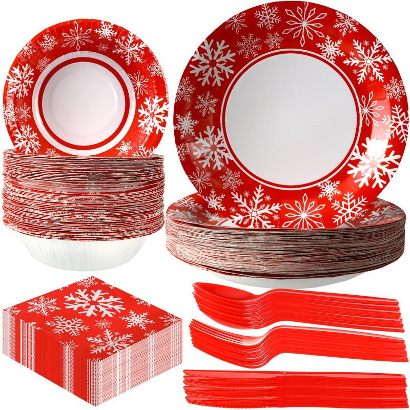 Boao 300 Pack Christmas Disposable Snowflake Dinnerware Set 50 Sets Christmas Snowflake Paper Bowls Plates Red Napkins Compostable Heavy Duty Party Plate Set for Winter Xmas Holiday Party Supplies - Image 1