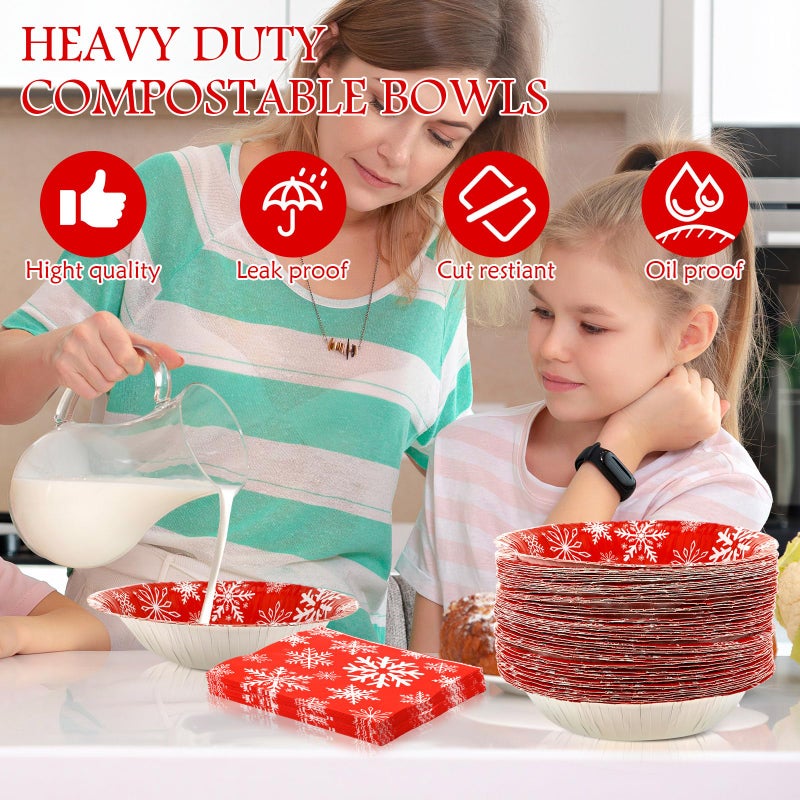 Boao 300 Pack Christmas Disposable Snowflake Dinnerware Set 50 Sets Christmas Snowflake Paper Bowls Plates Red Napkins Compostable Heavy Duty Party Plate Set for Winter Xmas Holiday Party Supplies - Image 5