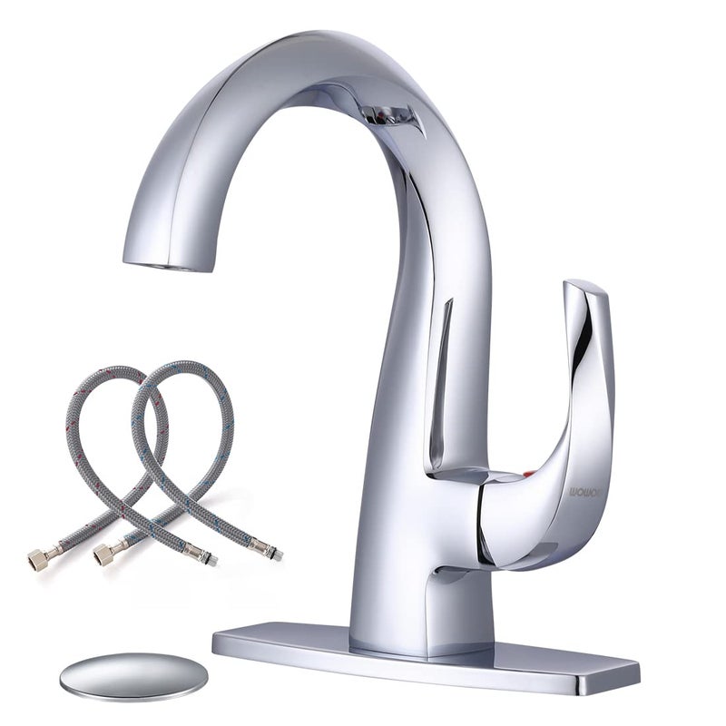 WOWOW Single Handle Bathroom Faucet 1 Hole High Arc Bathroom Basin Faucet Chrome with Pop Up Drain Solid Brass Commercial Bathroom Sink Faucet Basin Vanity Sink Patented Product