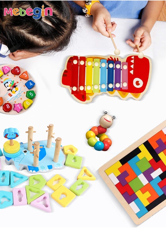 MEBEGIN 5 Pieces Educational Toy Set, 8-note Xylophone, Teaching Clock, Geometric Shapes Sorter and More, Wooden Sorting and Stacking, Wooden Fun Montessori Toys, Toddler Development Set, Ideal Gift for Toddlers  - Image 1
