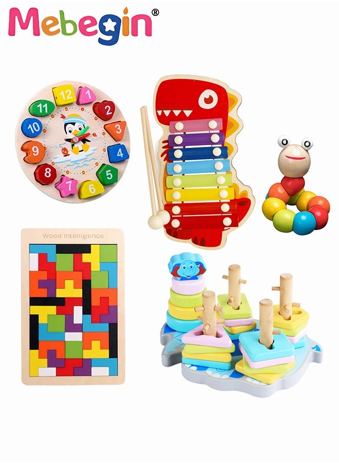MEBEGIN 5 Pieces Educational Toy Set, 8-note Xylophone, Teaching Clock, Geometric Shapes Sorter and More, Wooden Sorting and Stacking, Wooden Fun Montessori Toys, Toddler Development Set, Ideal Gift for Toddlers  - Image 2