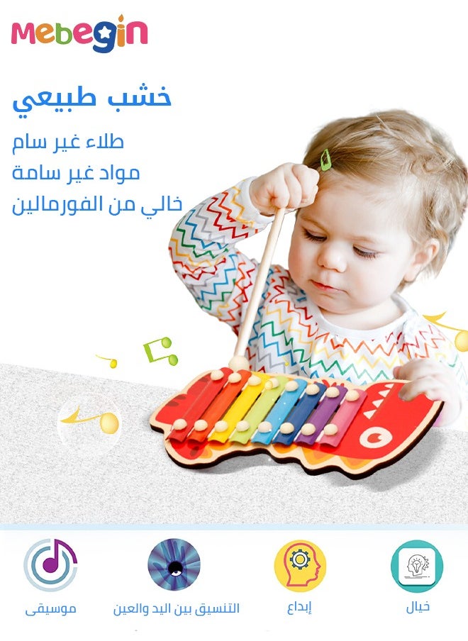MEBEGIN 5 Pieces Educational Toy Set, 8-note Xylophone, Teaching Clock, Geometric Shapes Sorter and More, Wooden Sorting and Stacking, Wooden Fun Montessori Toys, Toddler Development Set, Ideal Gift for Toddlers  - Image 4