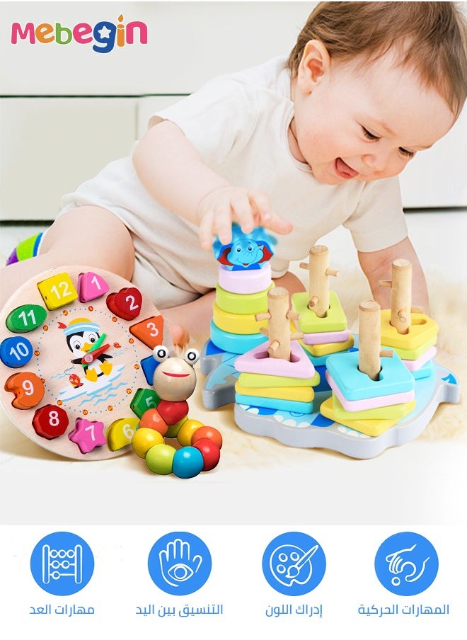 MEBEGIN 5 Pieces Educational Toy Set, 8-note Xylophone, Teaching Clock, Geometric Shapes Sorter and More, Wooden Sorting and Stacking, Wooden Fun Montessori Toys, Toddler Development Set, Ideal Gift for Toddlers  - Image 3